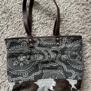 Myra Bag Patterned Canvas Gray & Brown Calf-hair Tote
